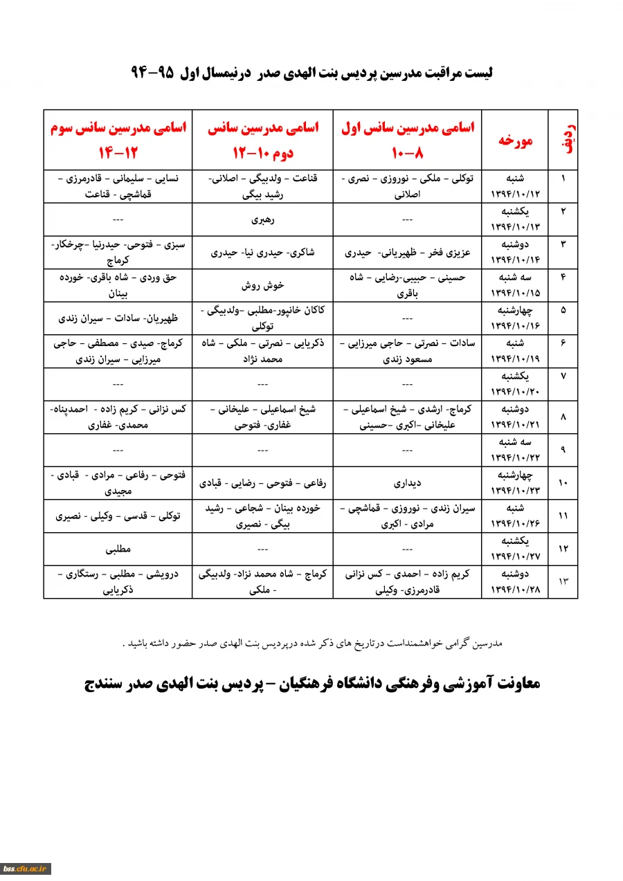لیست مراقبت مدرسین پردیس بنت الهدی صدر  درنیمسال اول  95-94