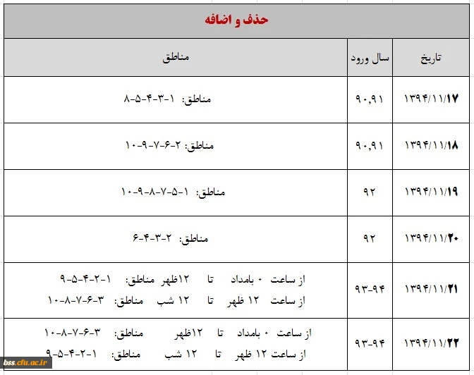 زمانبندی حذف و اضافه نیمسال دوم سال تحصیلی 95-94